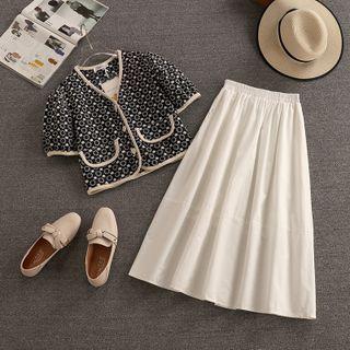 Set: Short-sleeve Patterned Blouse + Midi A-line Skirt