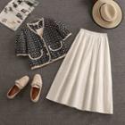 Set: Short-sleeve Patterned Blouse + Midi A-line Skirt