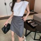 Sleeveless Plain Top / High-waist Asymmetric A-line Skirt