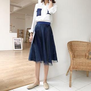 Pocket-detail Shirt/ Midi A-line Mesh Skirt