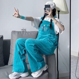 Lettering Corduroy Wide Leg Jumper Pants
