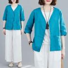 Elbow-sleeve Button-up V-neck Jacket