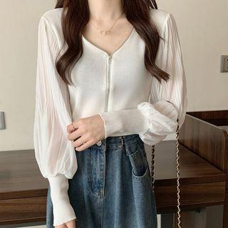 V-neck Zip Knit Panel Top