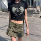 Short-sleeve Printed T-shirt / High-waist Cargo A-line Mini Skirt