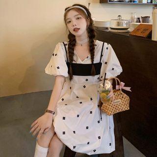 Puff-sleeve Flower Embroidered A-line Dress / Cropped Camisole Top