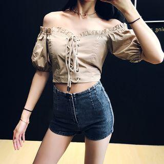 Boatneck Ruffled-trim Lace-up Cropped Top