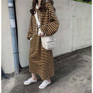 Slit-side Hooded Striped Maxi Dress