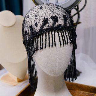 Wedding Fringed Lace Cloche Hat Black - One Size