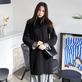 Turtle-neck Slit-hem Knit Dress