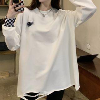 Long-sleeve Check Panel Distressed T-shirt