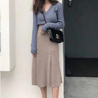 Set: Plain V-neck Knit Cardigan + Buttoned Midi Knit Skirt
