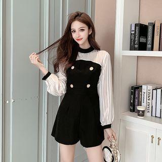 Chiffon-sleeve Double-breasted Wide Leg Playsuit