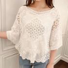 Crochet Lace Elbow-sleeve Top White - One Size