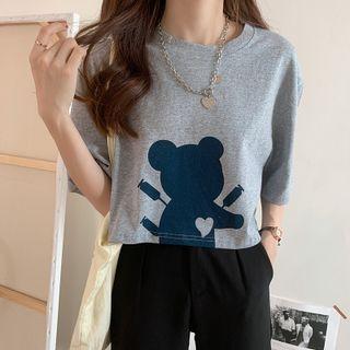 Round-neck Printed Short-sleeve Cropped Top