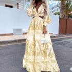 Long-sleeve Cutout Floral Maxi A-line Dress