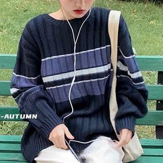 Color Block Long-sleeve Striped Knit Cropped Sweater