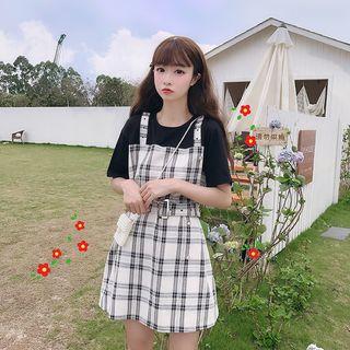 Mock Two-piece Plaid Short-sleeve Dress Black - One Size