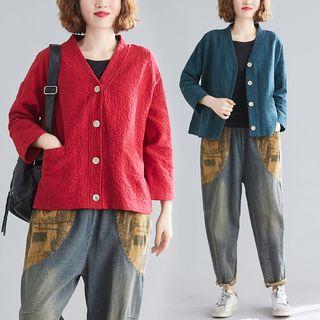 V-neck Shirred Buttoned Jacket