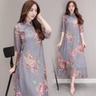 3/4-sleeve Cheongsam Collar Floral Dress