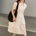 Puff-sleeve Plain Asymmetric A-line Dress White - One Size