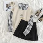Mock Two-piece Plaid Trim Collared Sweatshirt / Pleated Mini A-line Skirt
