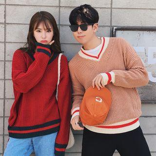 Couple Matching V-neck Striped Trim Sweater