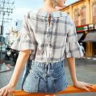 Lace-up Back Plaid Short Sleeve Top