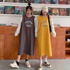 Mock Two-piece Long-sleeve Lettering Print Midi T-shirt Dress