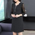 3/4-sleeve Mesh Panel Dotted Midi Shift Dress