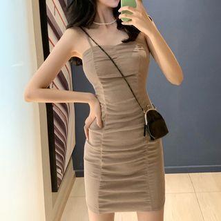 Spaghetti-strap Mini Sheath Dress Khaki - One Size