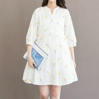 Elbow-sleeve Embroidered Mini A-line Dress