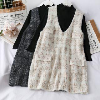 Set: Mock-neck Knit Top + Woolen Tank Dress