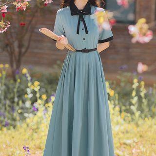 Short-sleeve Contrast Trim Pleated Midi A-line Shirtdress