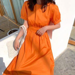 Short-sleeve Tie Waist Midi A-line Dress