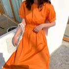 Short-sleeve Tie Waist Midi A-line Dress