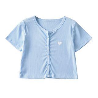 Short-sleeve Heart Embroidered Button-up Crop Top