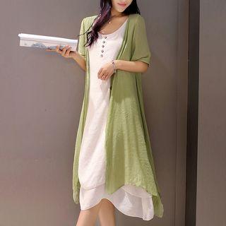 Set: Crew-neck Sleeveless A-line Dress + Open Front Long Jacket