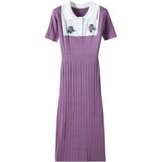 Short-sleeve Knit Maxi Dress Purple - One Size
