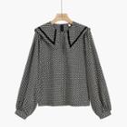 Puff-sleeve Patterned Blouse Shirt - Black - One Size