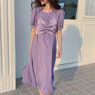 Puff-sleeve Shirred Mock Two Piece Dress