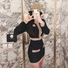 Set: Contrast-trim Cropped Cardigan + Mini Knit Skirt