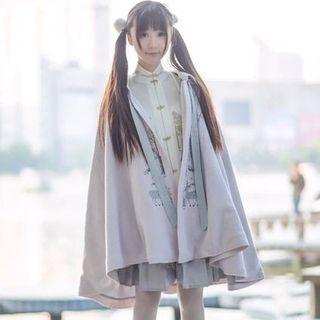 Embroidered Stand Collar Long-sleeve Blouse / Embroidered Pleated Skirt / Hooded Cape Coat / Set: Long-sleeve Blouse + Embroidered Pleated Skirt + Hooded Cape Coat