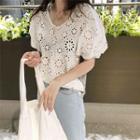 Puff-sleeve Eyelet-lace Top White - One Size