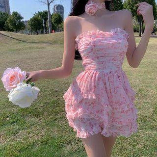 Set: Strapless Floral Mini A-line Dress + Choker