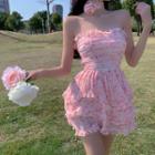 Set: Strapless Floral Mini A-line Dress + Choker