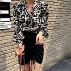 Leopard Print Blouse / Drawstring Mini Pencil Skirt