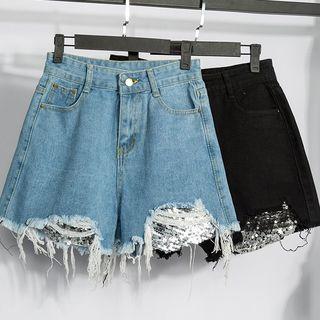 Sequined Paneled Ripped Wide-leg Denim Shorts