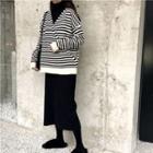 Turtleneck Knit Top / Striped Sweater / Midi Skirt