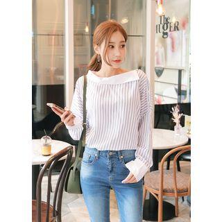 Collared Buttoned-shoulder Long-sleeve Stripe Top