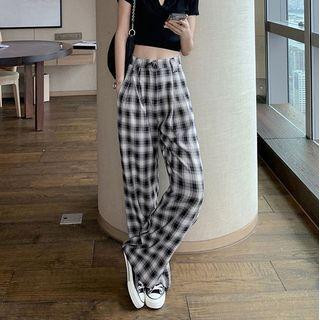 Plaid Wide-leg Pants / Short-sleeve V-neck Cropped T-shirt / Set